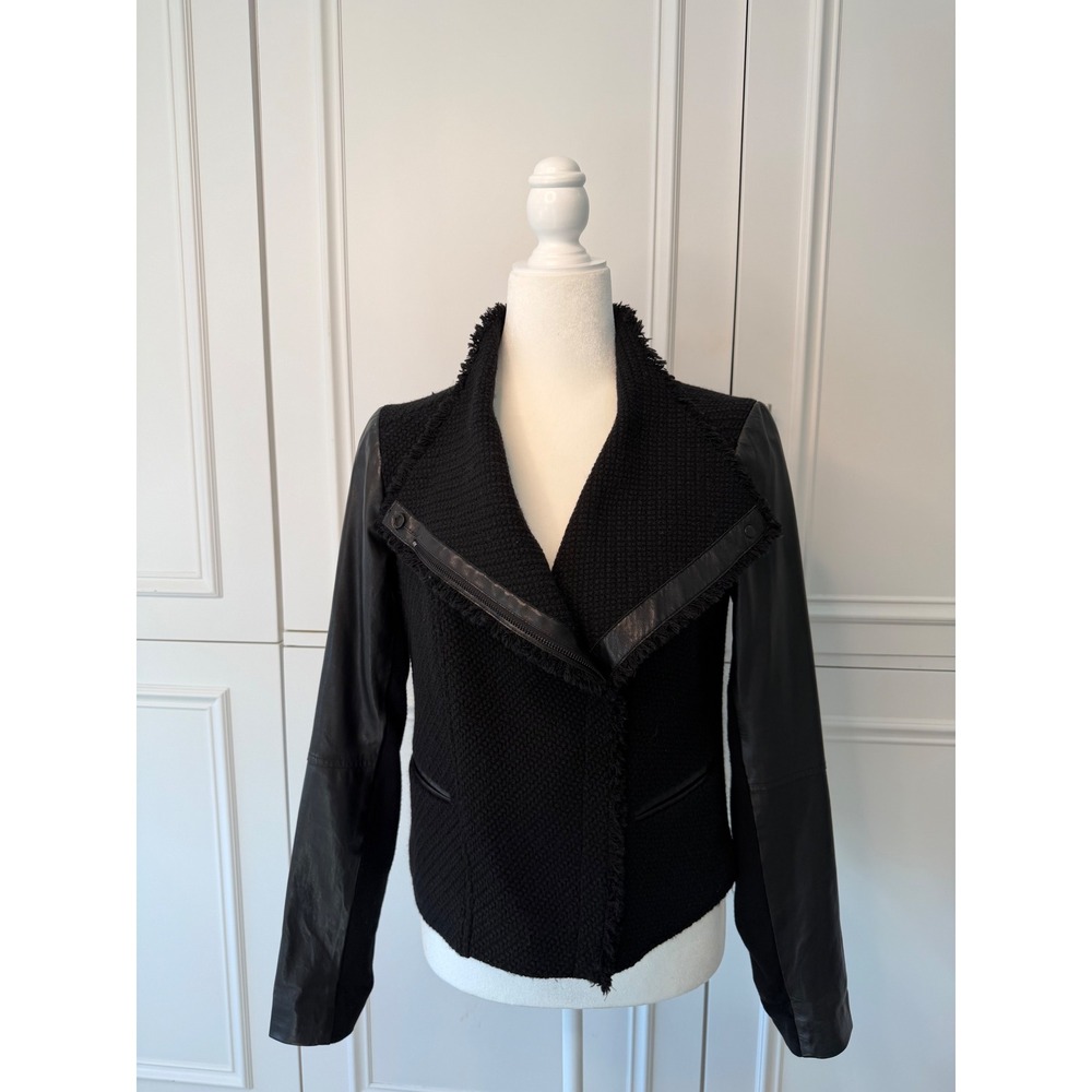 Vince Mixed Media Jacket Women Size S Black Excellent Wool Leather Moto Shrunken